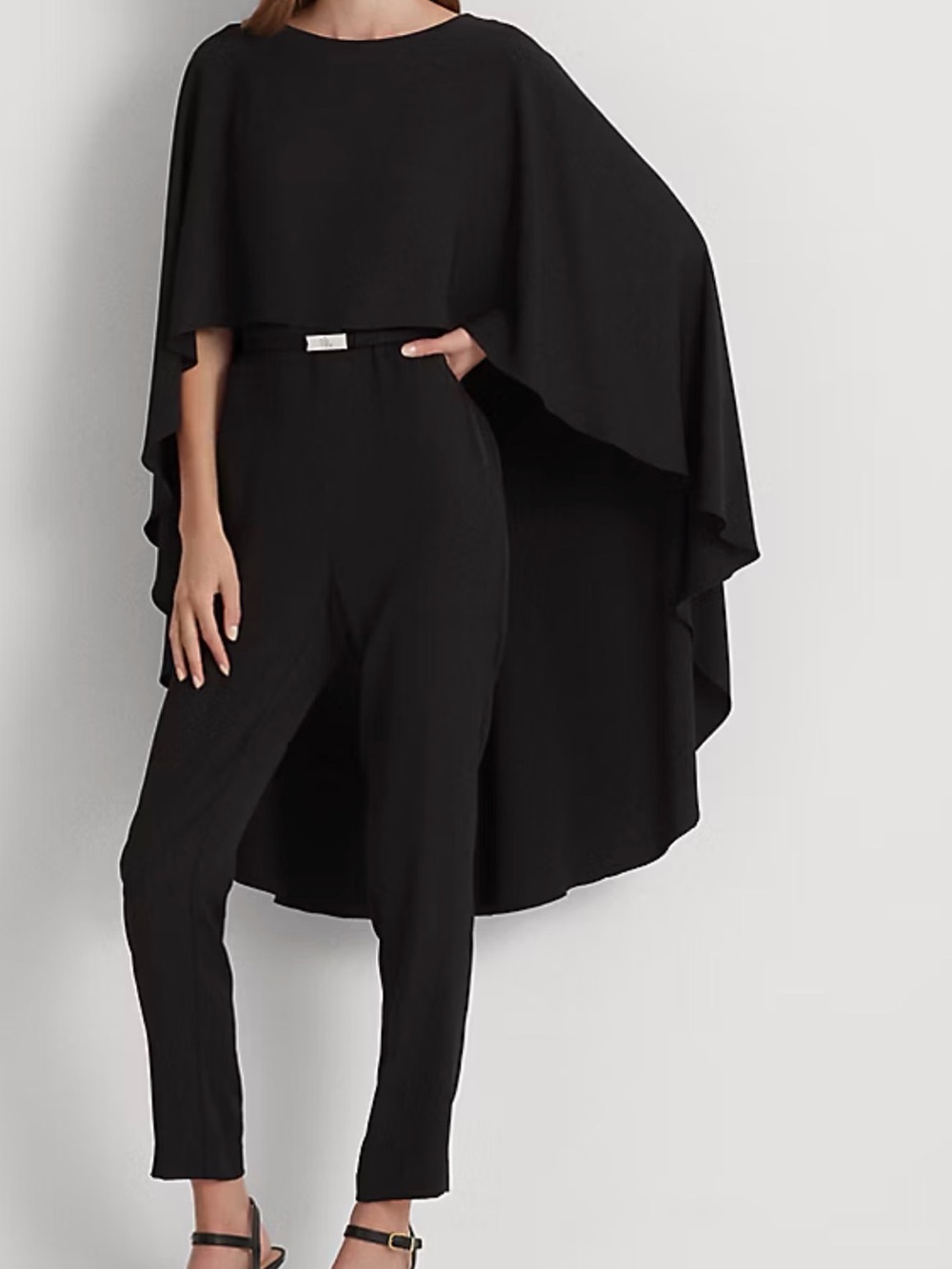 Ralph Lauren Black Belted Georgette Cape Jumpsuit